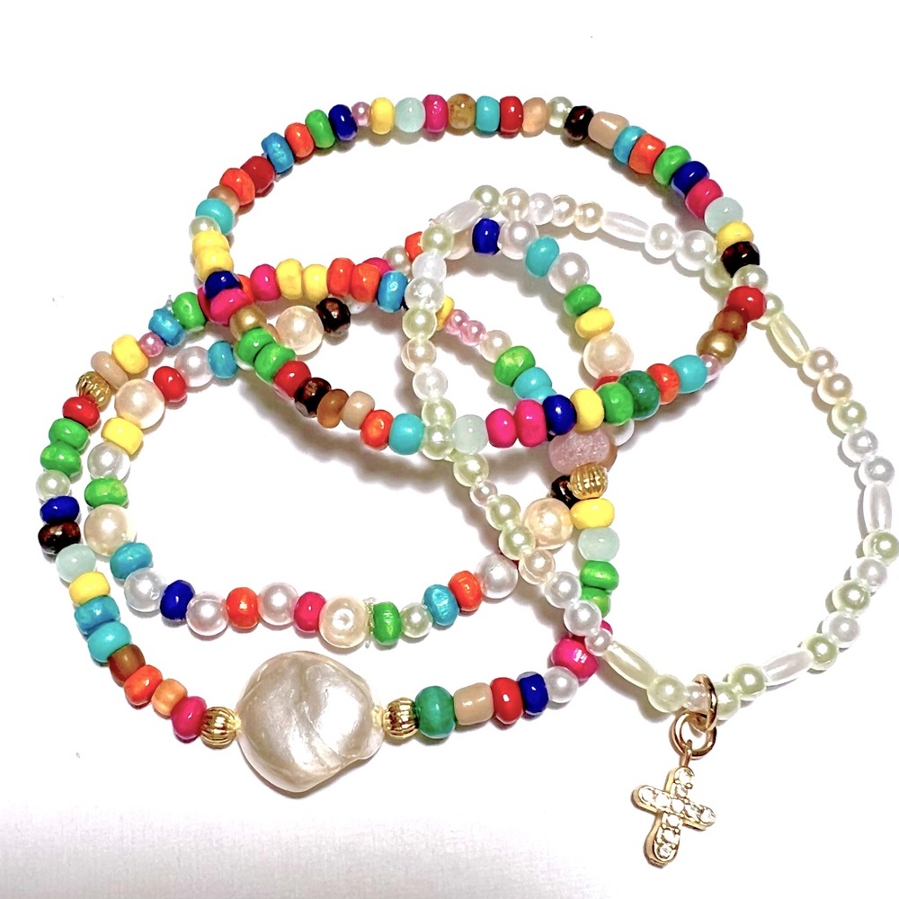 Multi seed beads and pearl stack of 4 bracelets